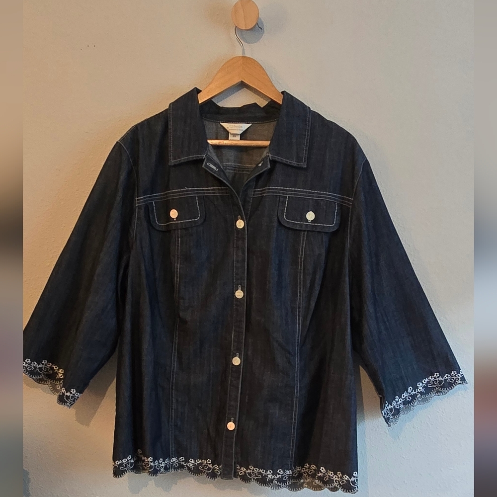 C J Banks Dark Denim Embroidered Blazer with 3/4 Sleeve